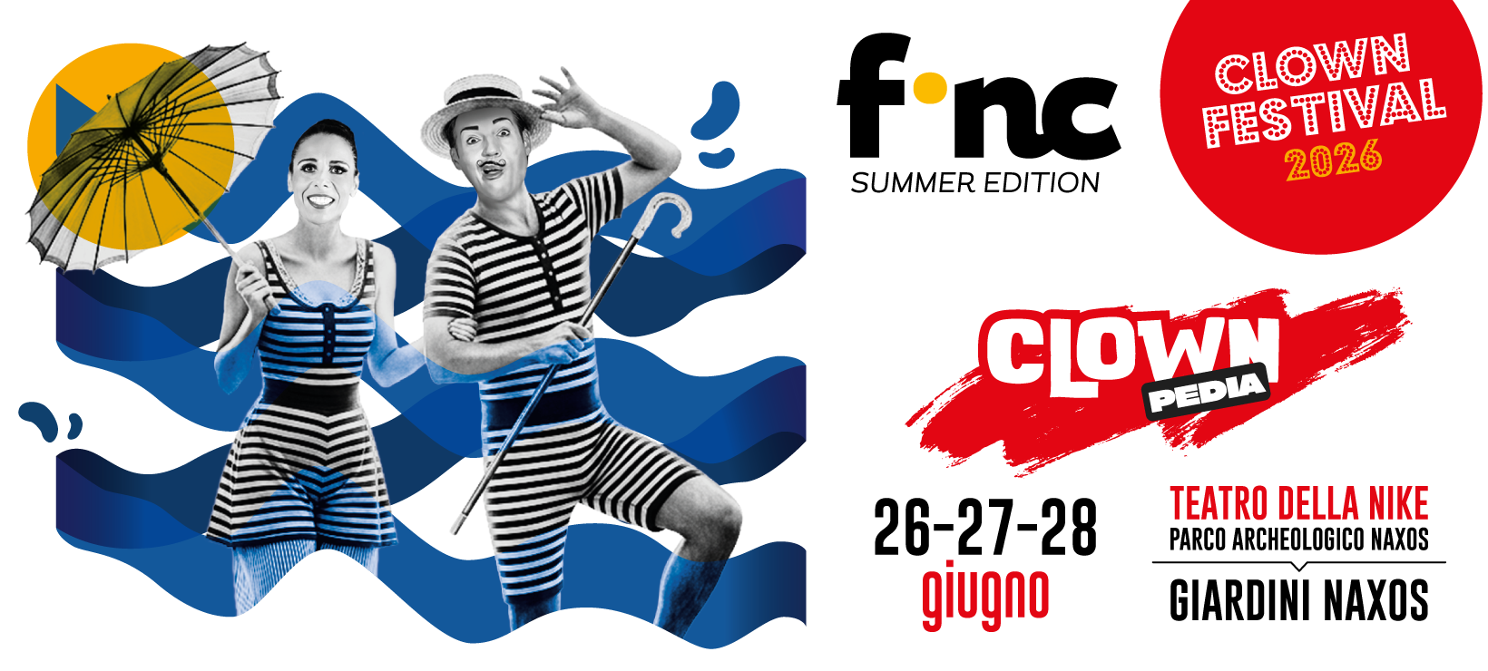 Grafica ufficiale FINC Summer Edition 2026 – Clownpedia Live, Teatro della Nike, Giardini Naxos